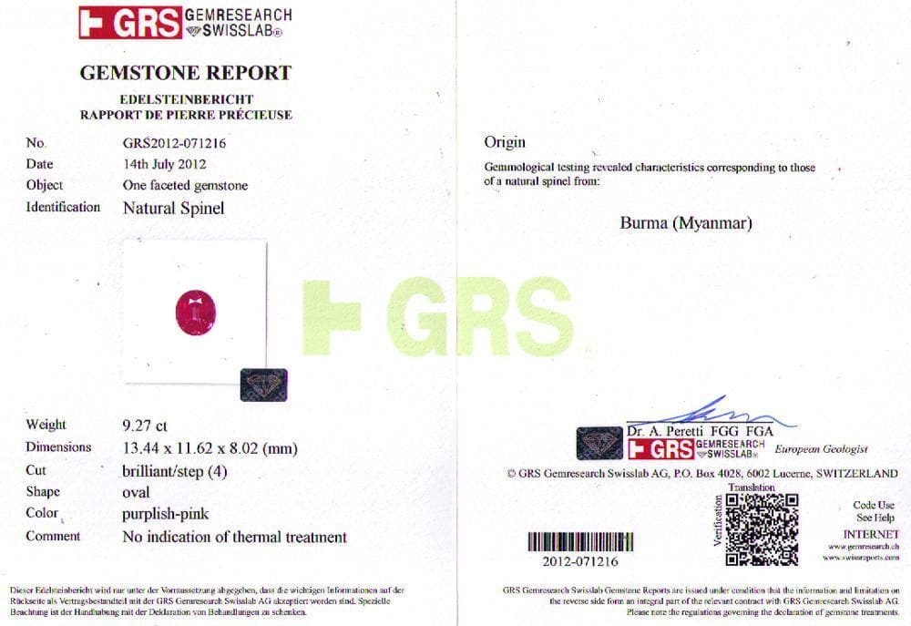 Pink spinel 9.27 cts GRS certificate