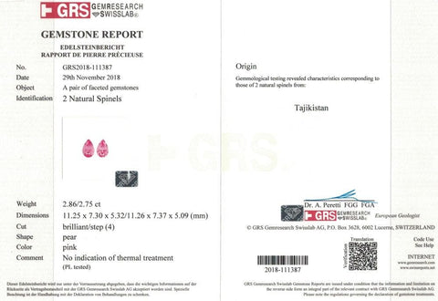 Pink spinel stone certificate
