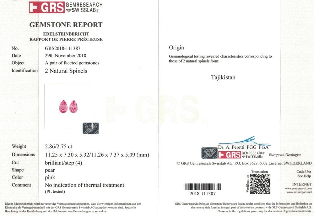 Pink spinel stone certificate
