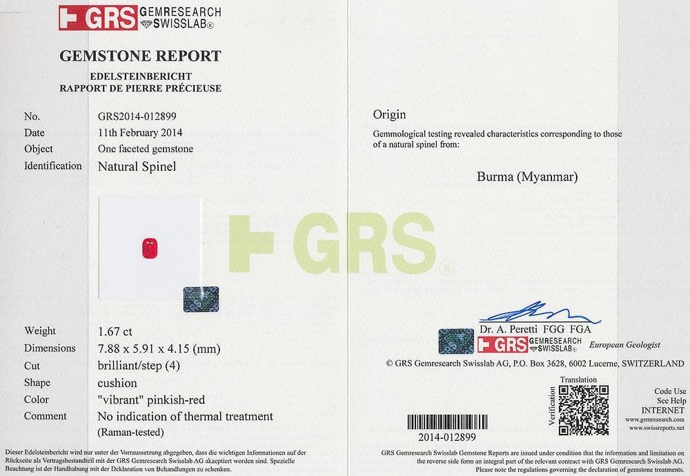 Picture of certificate of 1.67 cts spinel
