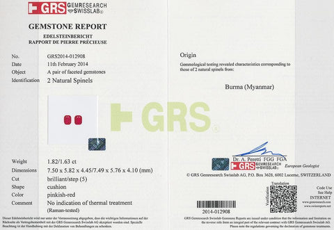 The certificate picture of red spinel 3.45 cts