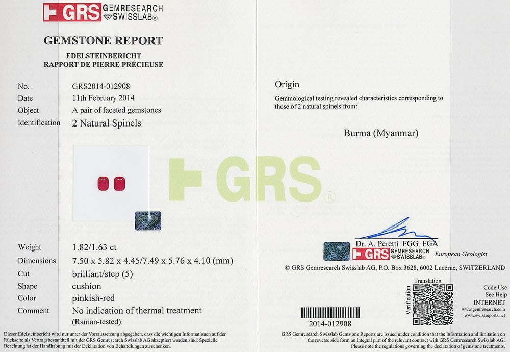 The certificate picture of red spinel 3.45 cts