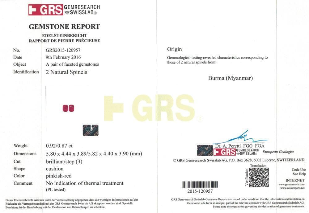 A GRS certificate image of 1.79 cts spinel