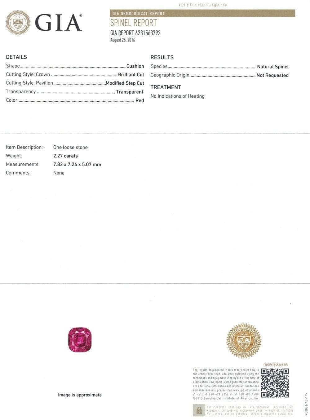 A GIA certificate of red spinel 2.27 cts