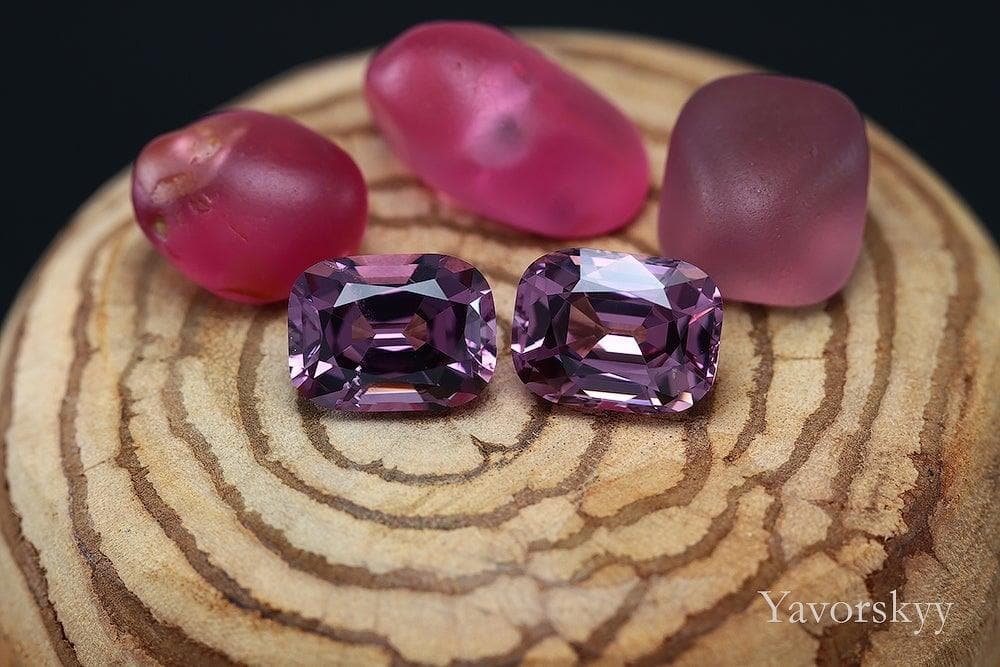 Match pair of purple spinel cushion 7.04 carats front view photo