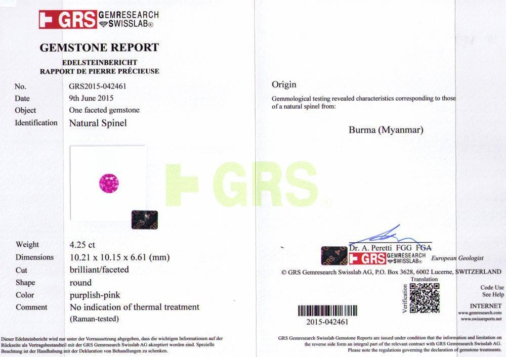 The certificate of spinel 4.25 cts