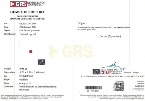 Certificate of GRS spinel 0.91 ct