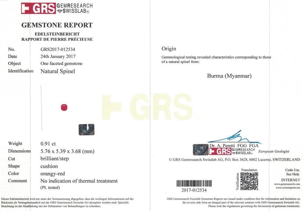 Certificate of GRS spinel 0.91 ct