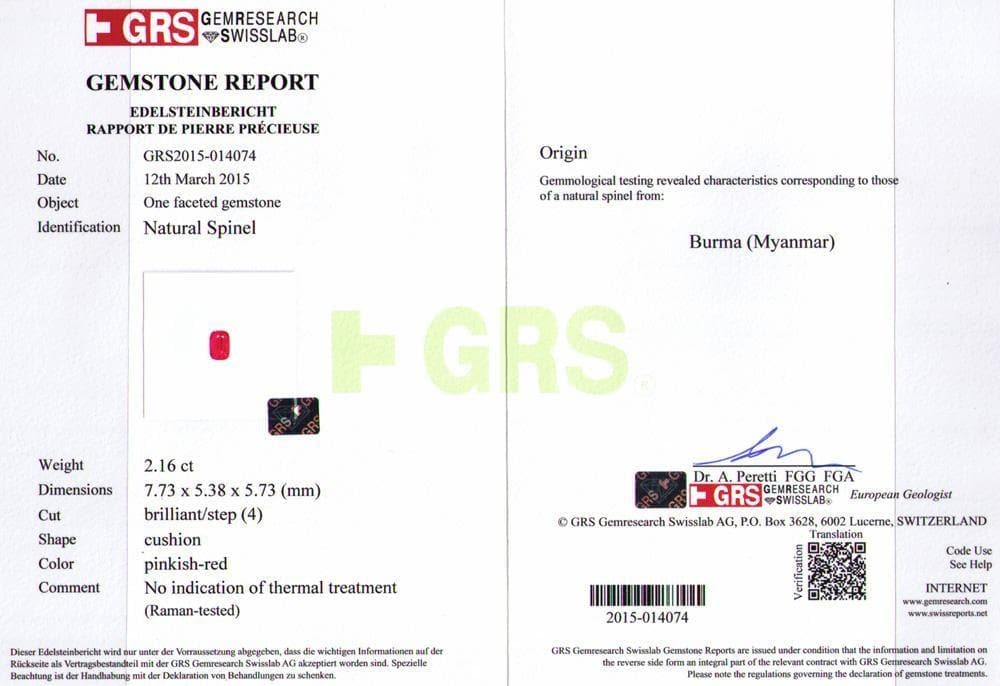 The certificate picture of spinel 2.16 cts