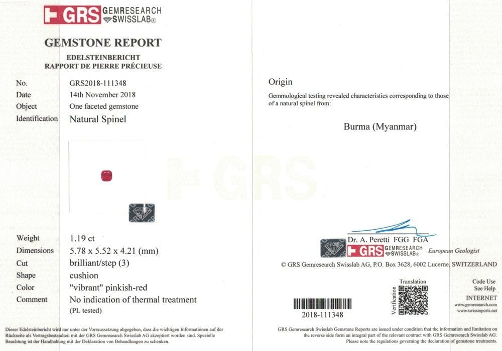 Natural pinkish red spinel certificate