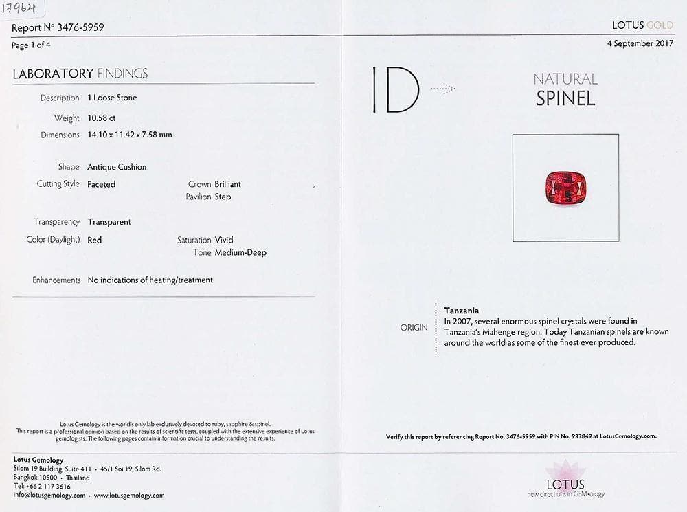 A certificate image of red spinel 10.58 cts
