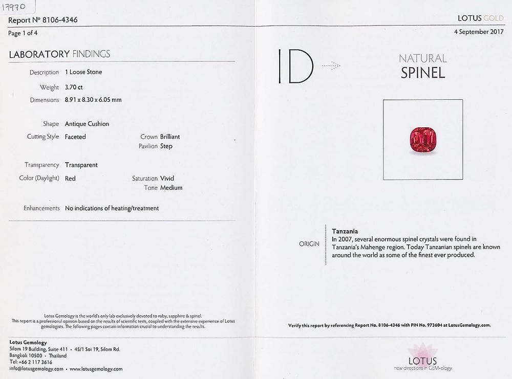 A certificate picture of spinel 3.7 cts
