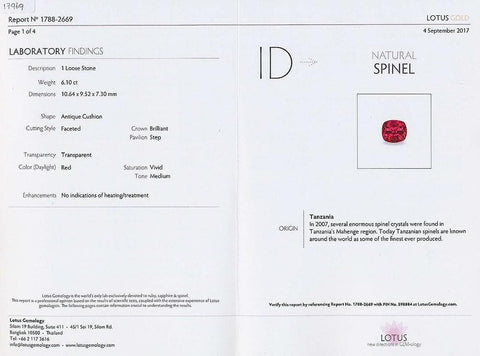 A Lotus certificate image of red spinel 6.1 cts