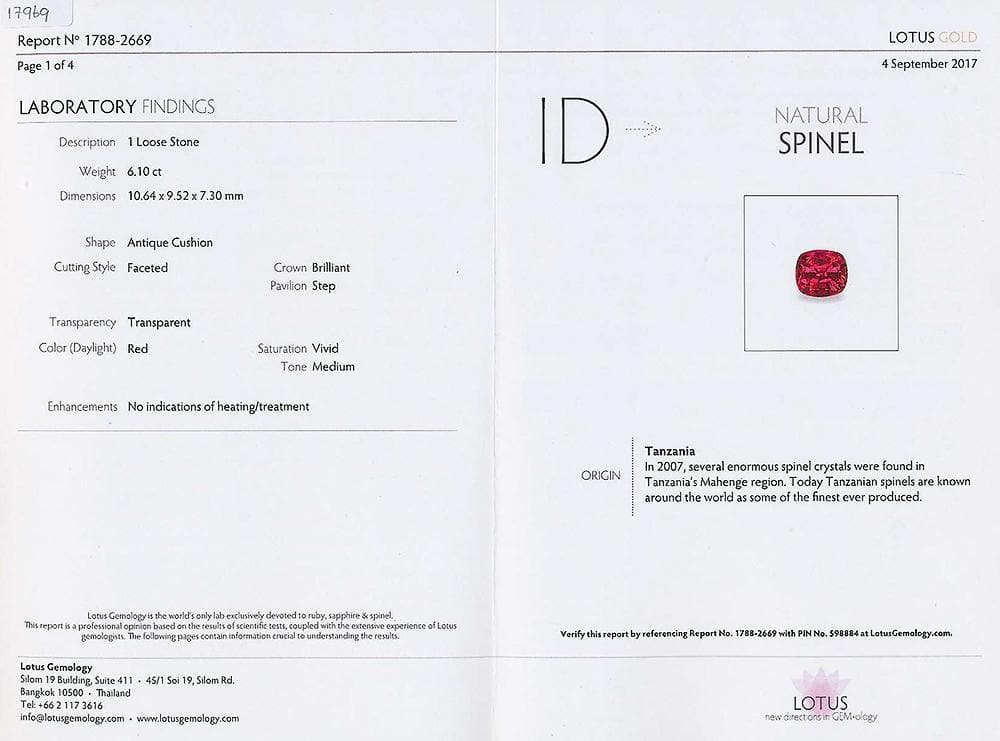 A Lotus certificate image of red spinel 6.1 cts