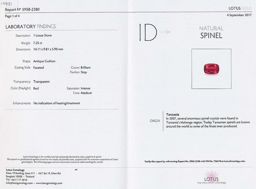 A Lotus certificate picture of spinel 7.25 cts
