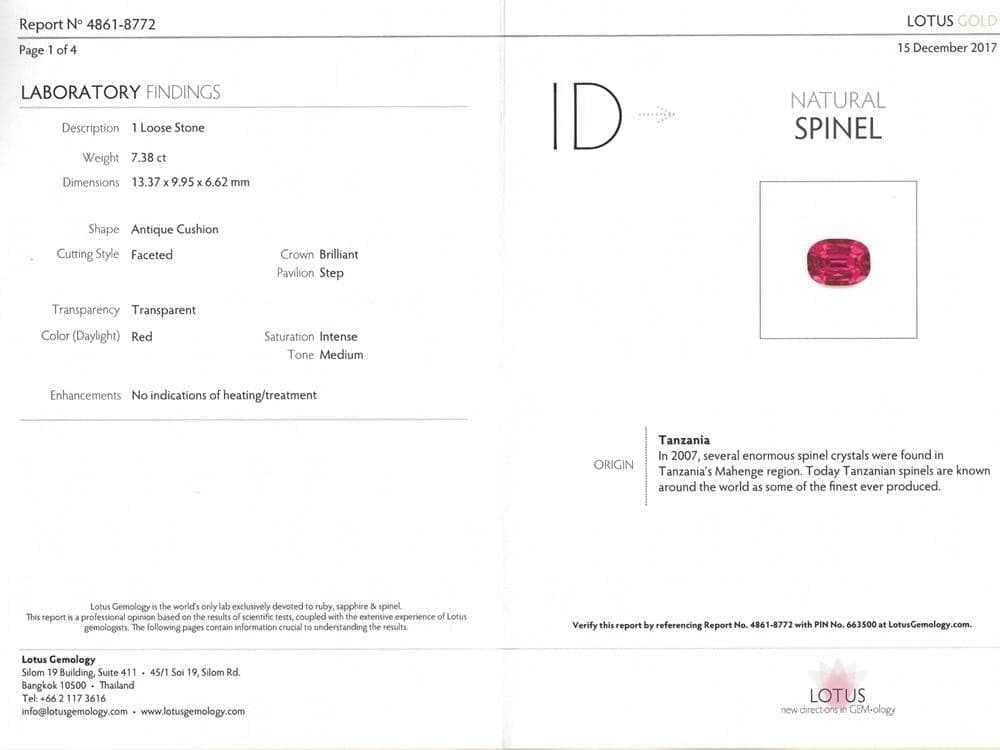 The photo certificate of spinel 7.38 cts