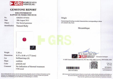 The image certificate of red ruby 3.3 cts