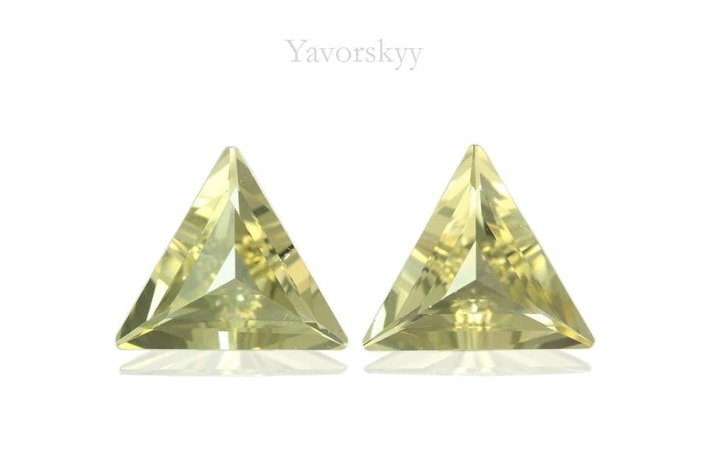 Front view picture of yellow scapolite pair 2.05 cts trillion