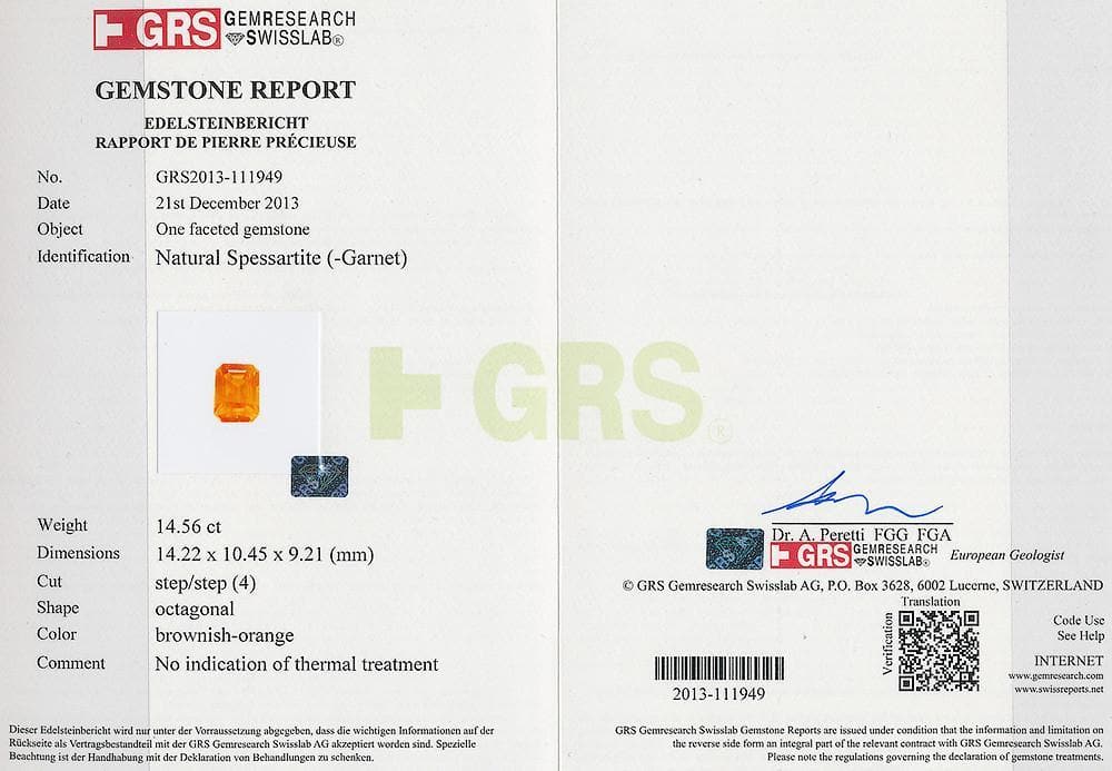 A GRS certificate of spessartite 14.56 cts