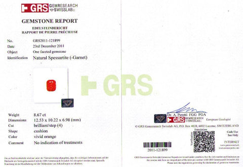 A certificate image of 8.67 cts spessartite