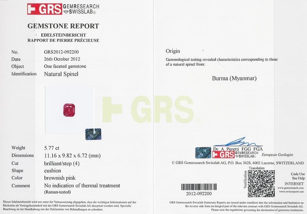 Image of certificate of red spinel 12.04 cts