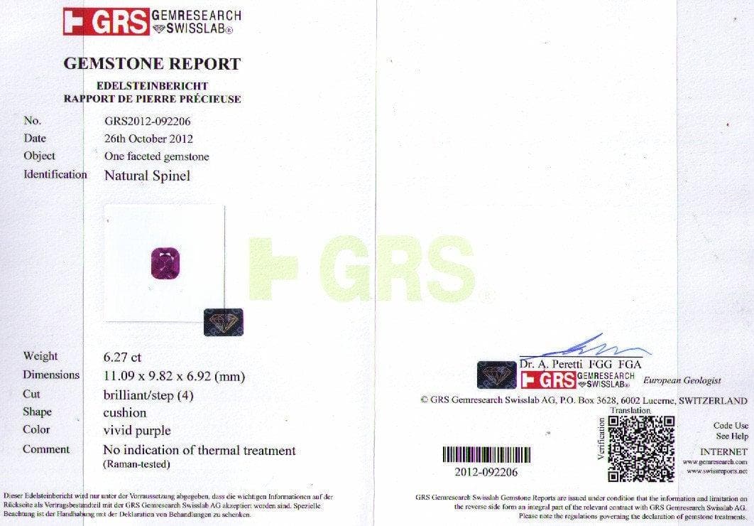 Picture of certificate of 12.04 cts spinel