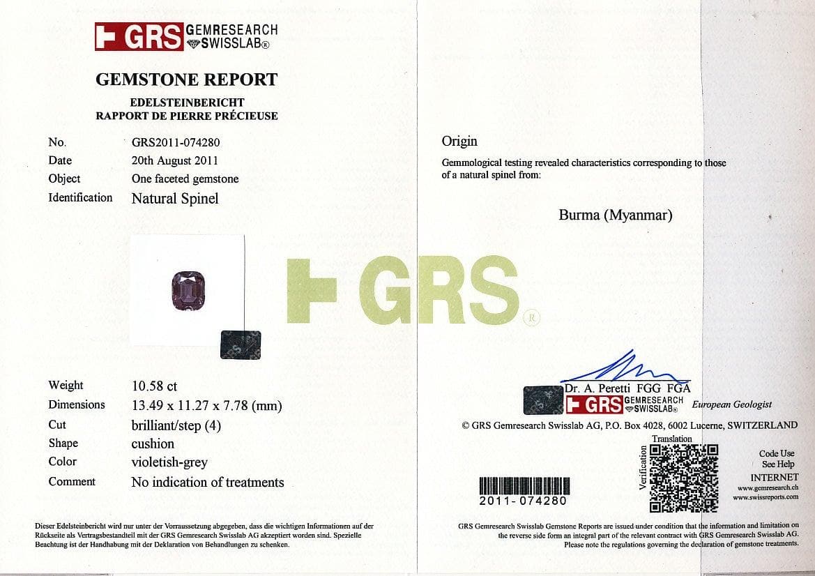 Violetish -grey spinel certificate