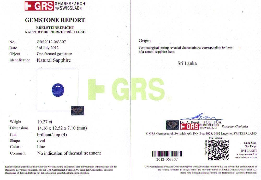 A certificate of sapphire 20.32 cts