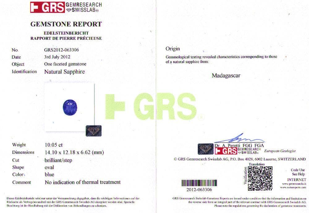 A GRS certificate image of blue sapphire 20.32 cts