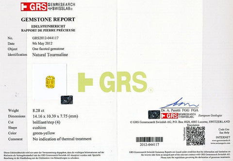 Image of GRS certificate of tourmaline 8.28 cts
