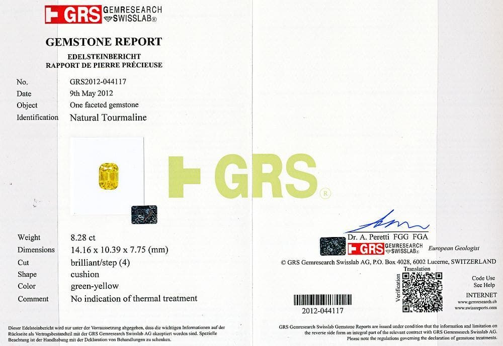 Image of GRS certificate of tourmaline 8.28 cts