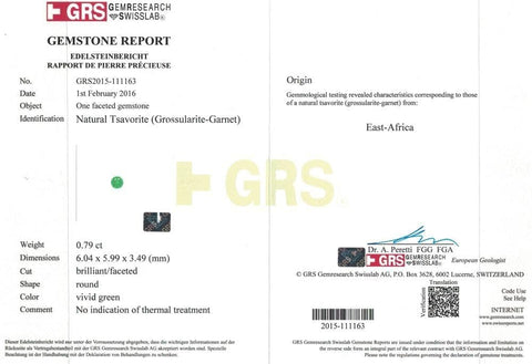 The certificate of tsavorite 0.79 ct