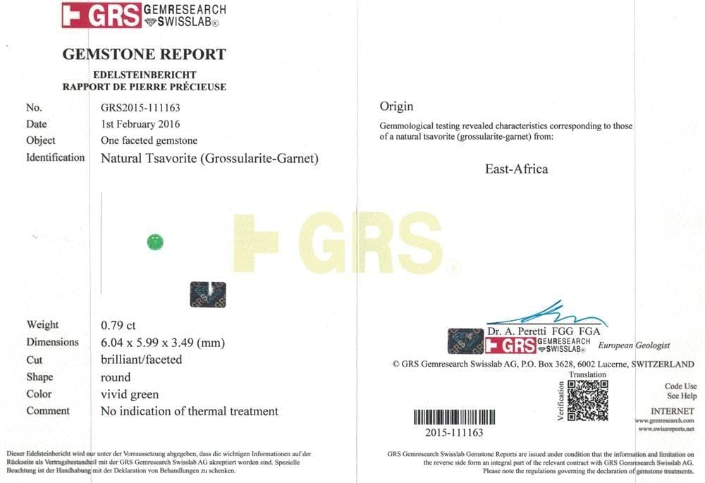The certificate of tsavorite 0.79 ct