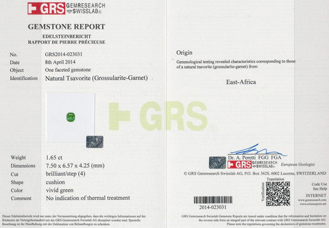 The GRS certificate of tsavorite 1.65 cts