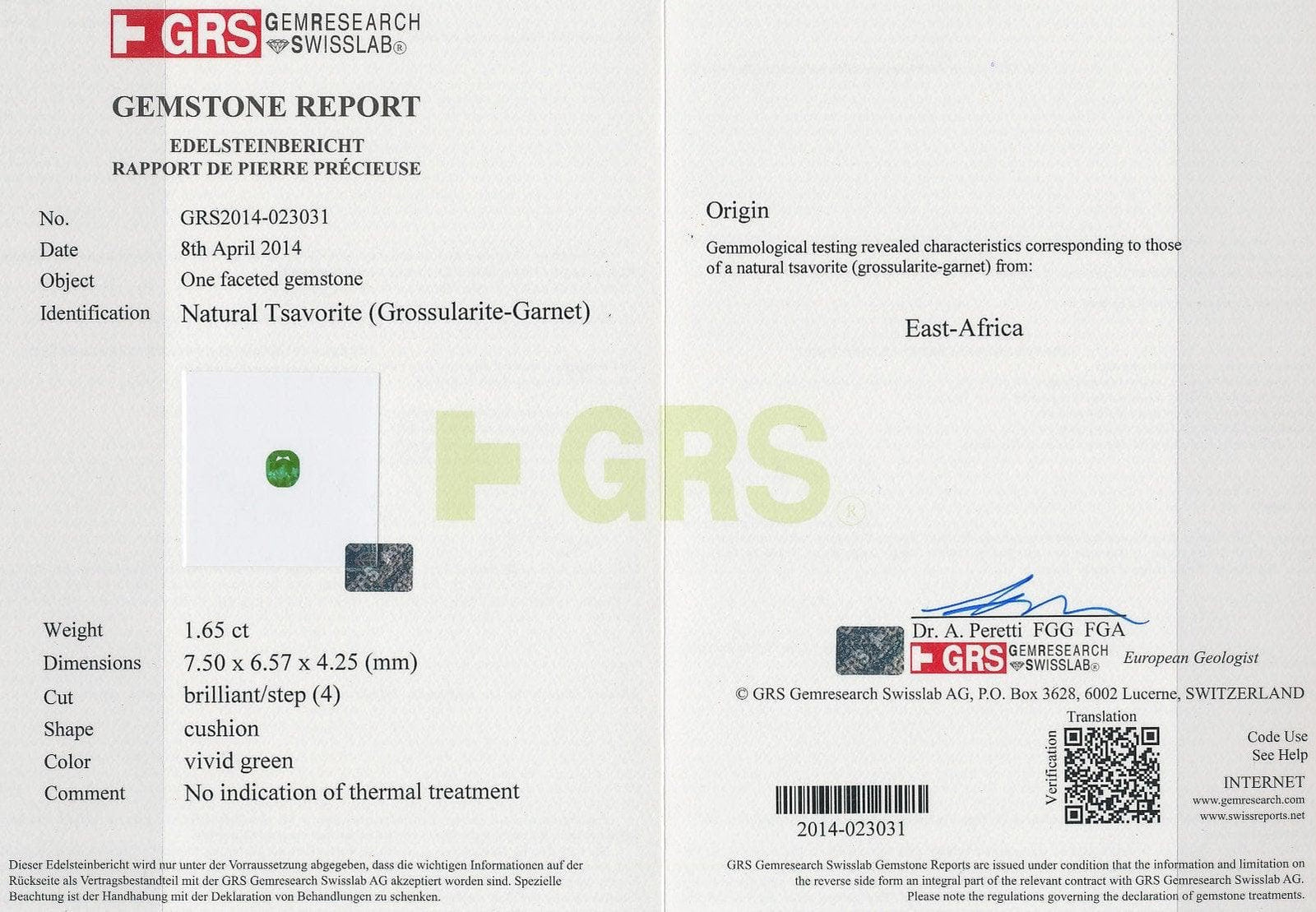 The GRS certificate of tsavorite 1.65 cts