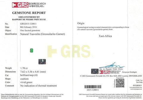 Certificate of 1.7 cts green tsavorite