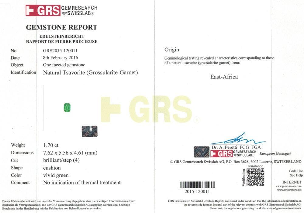 Certificate of 1.7 cts green tsavorite