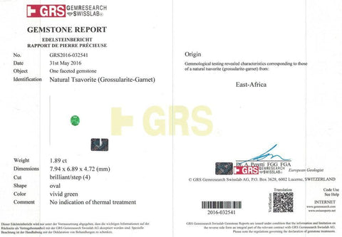 Certificate of 1.89 cts tsavorite