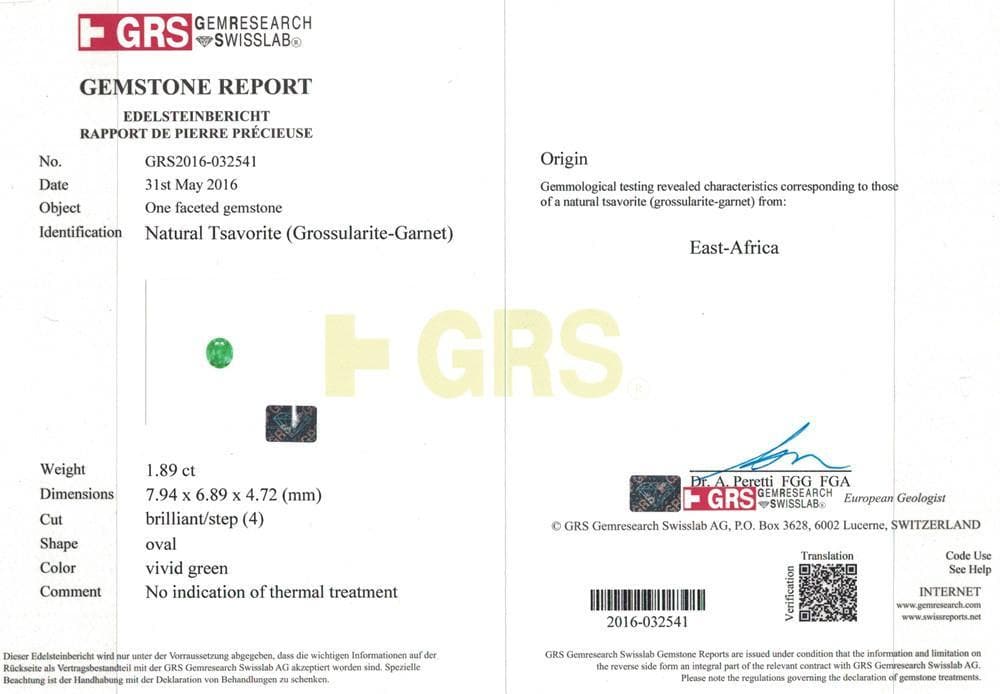Certificate of 1.89 cts tsavorite