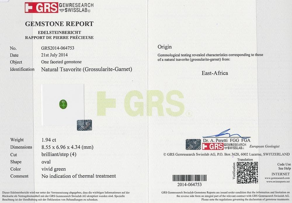 The GRS certificate photo of tsavorite 1.94 cts