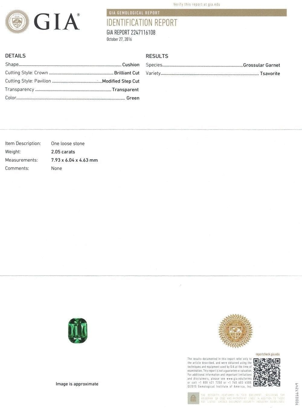 A GIA certificate of green tsavorite 2.05 cts