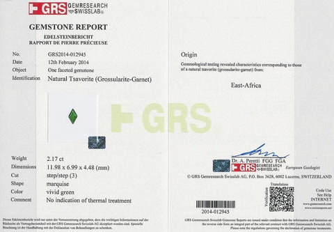 A GRS certificate picture of 2.17 cts green tsavorite