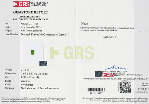 A GRS certificate image of tsavorite 2.18 cts