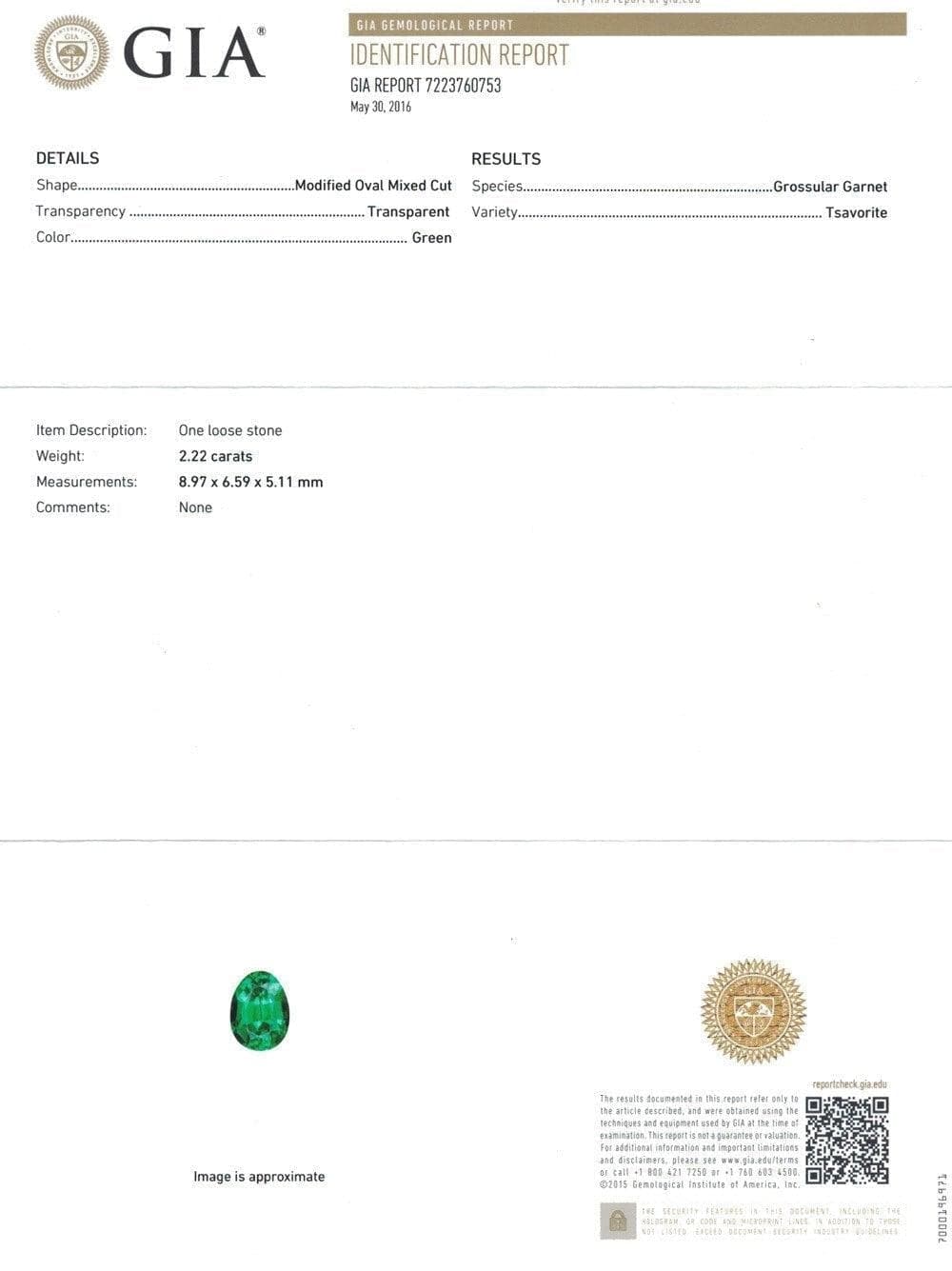 Image of GIA certificate of tsavorite 2.22 cts