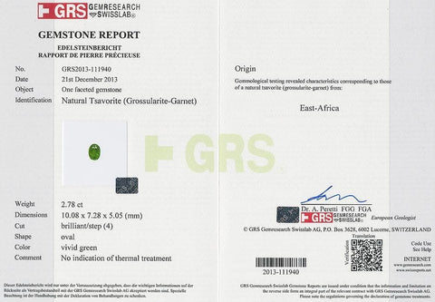 Certificate of 2.78 cts green tsavorite
