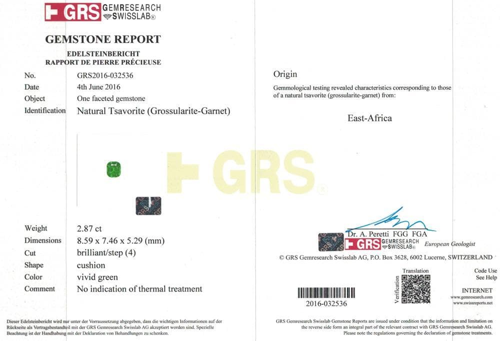 Picture of GRS certificate of green tsavorite 2.87 cts