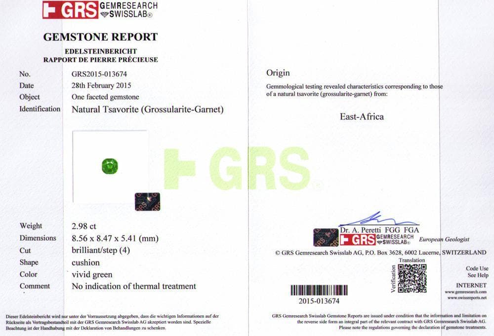 Green tsavorite 2.98 cts GRS certificate