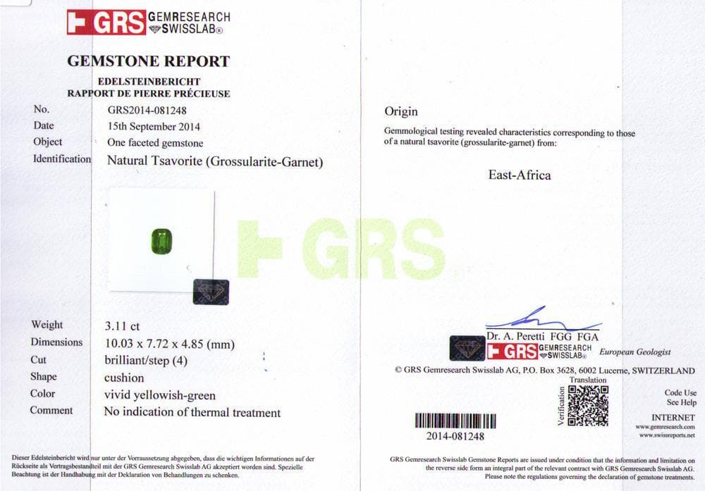 Picture of certificate of tsavorite 3.11 cts
