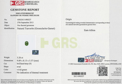 Picture of GRS certificate of tsavorite 3.26 cts