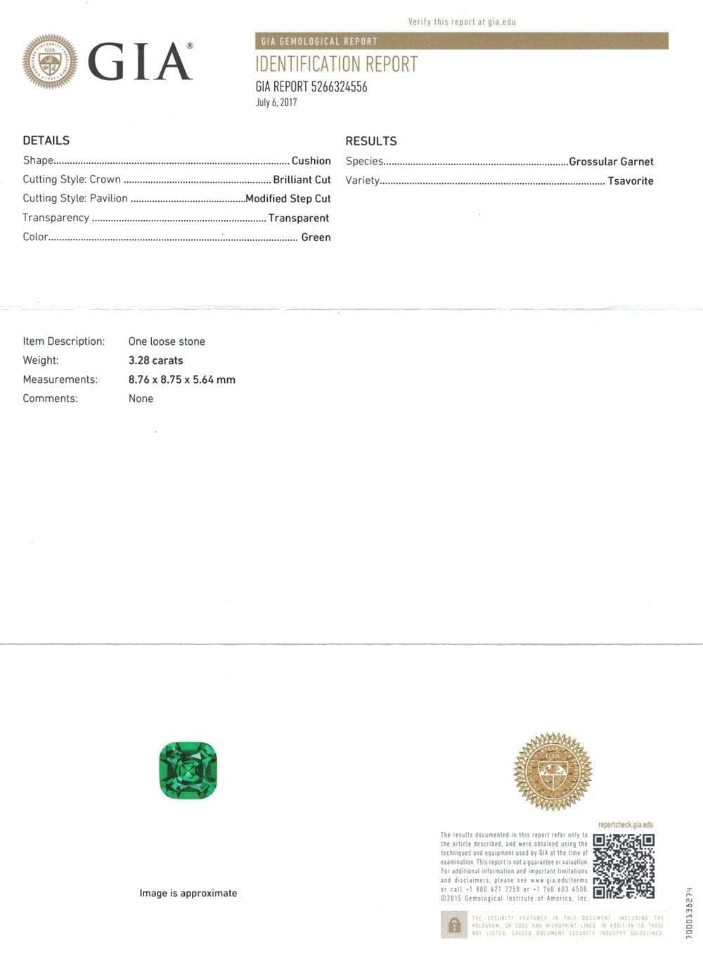 Picture of certificate of 3.28 cts tsavorite